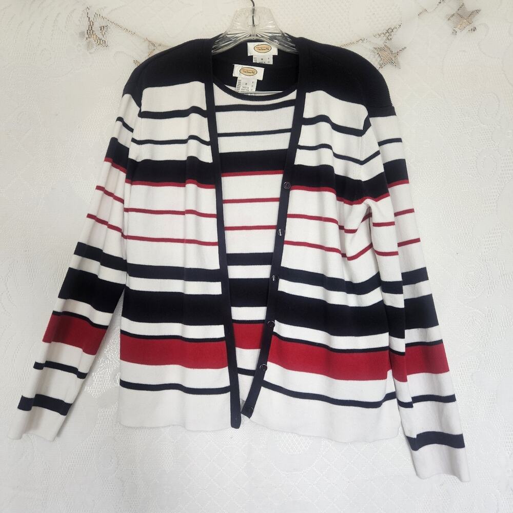 Talbots Medium Sweater Striped Twin Set Button Front 2 Piece Cardigan Shell VTG